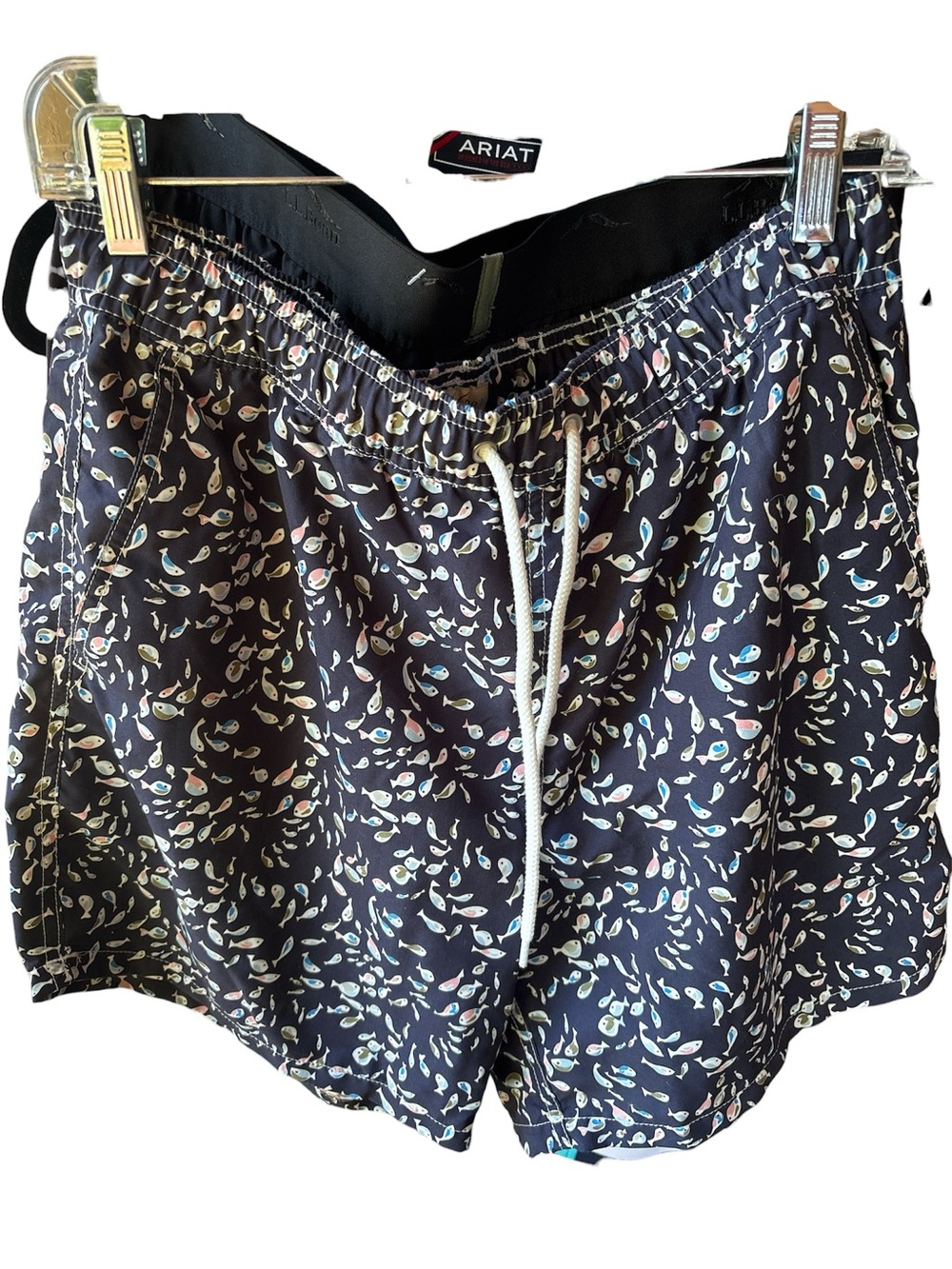 J. Crew Navy Swim Trunks with Tiny Multicolor Fish Print